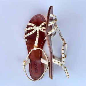 Prada studded flat strappy white & gold sandals
